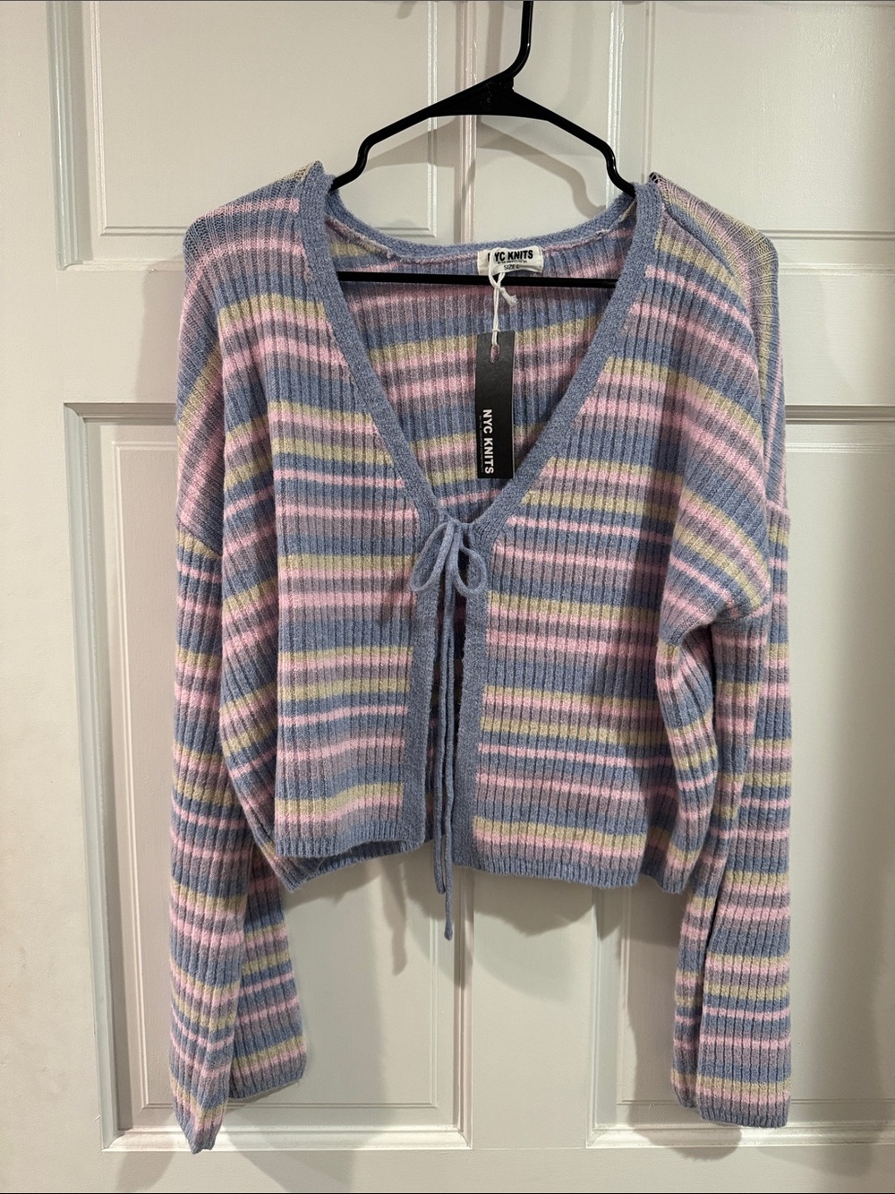 Pastel Striped Tie-Front V-Neck Sweater - Lavender Multi